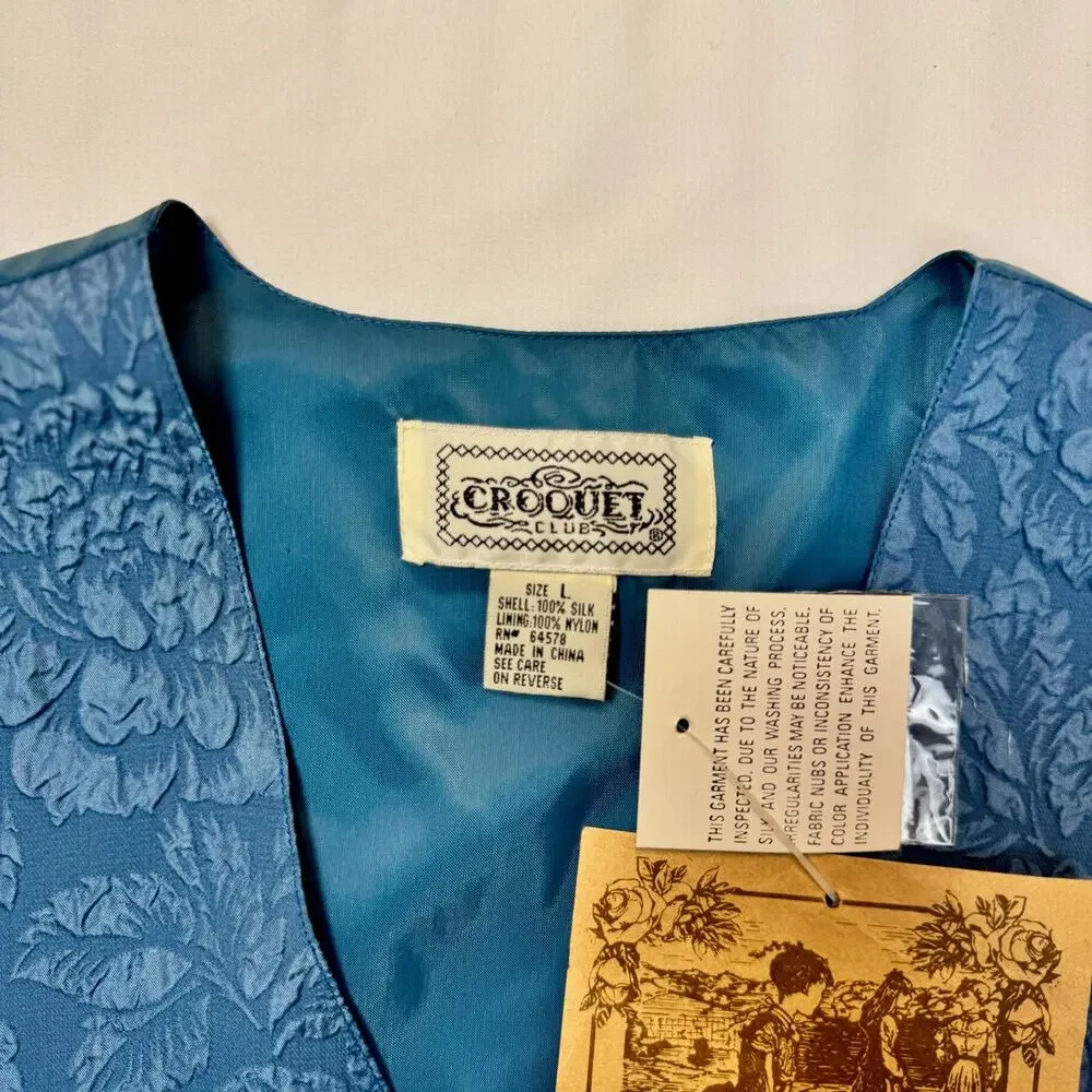 NWT Deadstock Boho Croquet Club VTG Floral Vest Blue 100% Silk Women’s Large - Picture 11 of 12